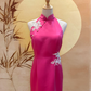 Fuchsia Pink Duchess Satin Cheongsam with White Floral Appliqué and Back Peephole