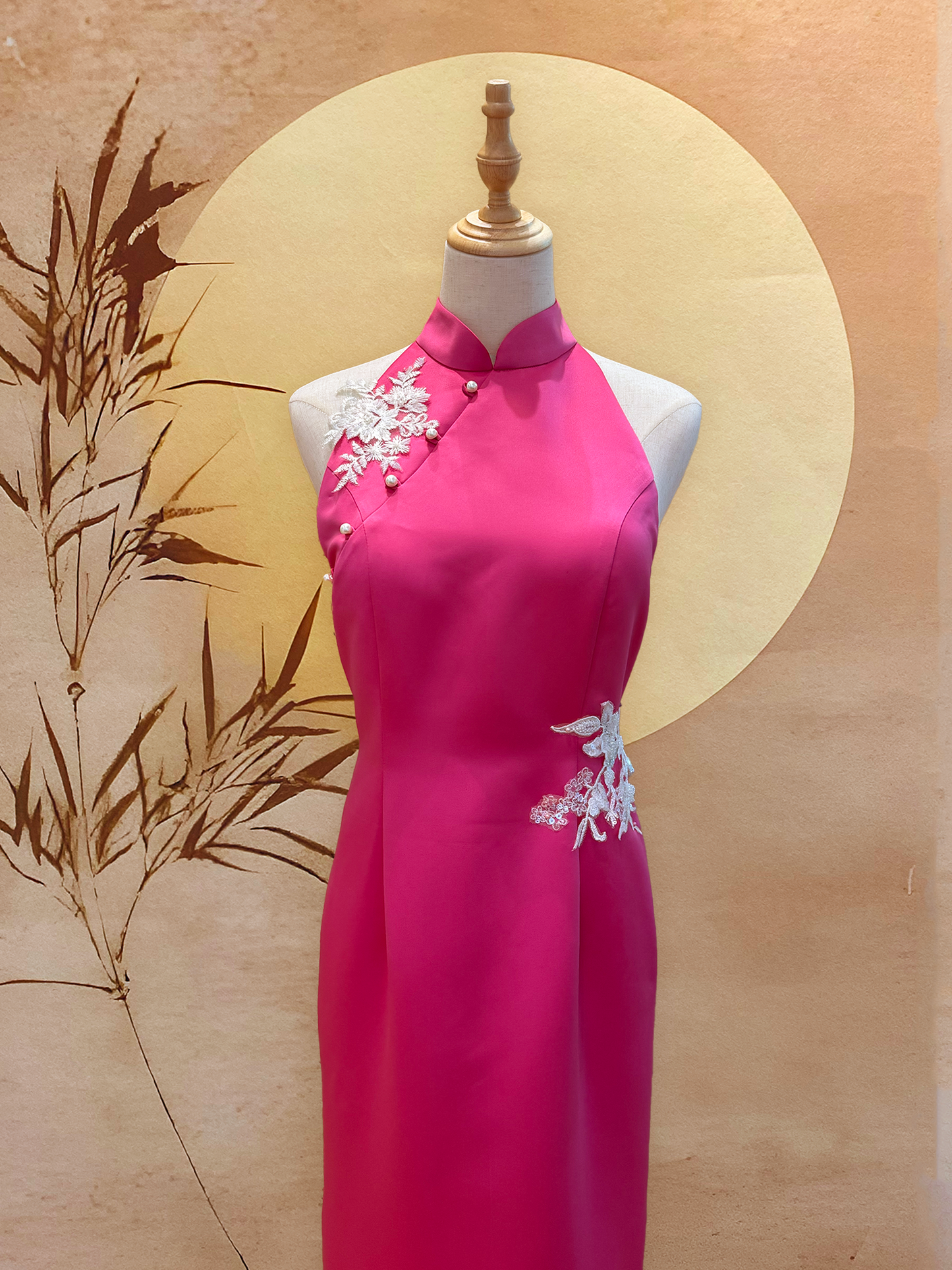 Fuchsia Pink Duchess Satin Cheongsam with White Floral Appliqué and Back Peephole