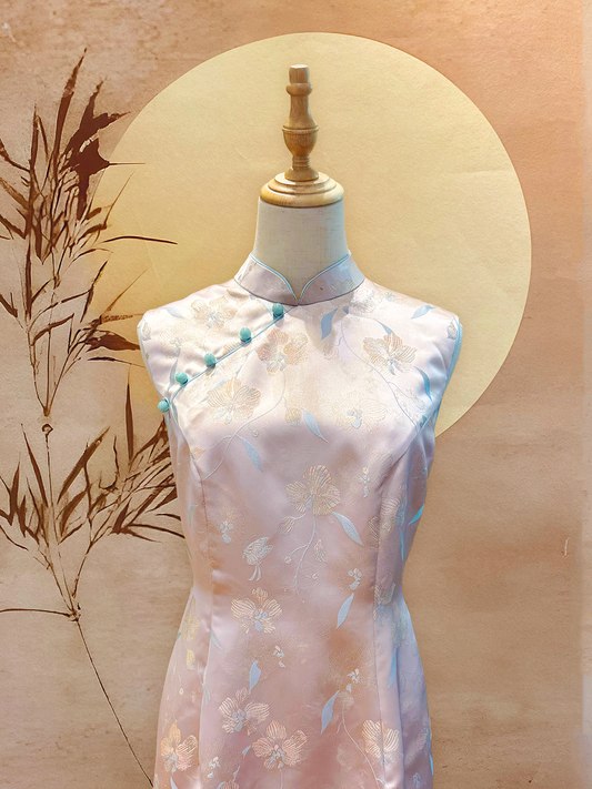 Powder Pink Chinese Jacquard with Mint Trimming and Jade Beads