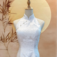 White Floral Soft Jacquard Cheongsam with Pizza Back Cut-Out