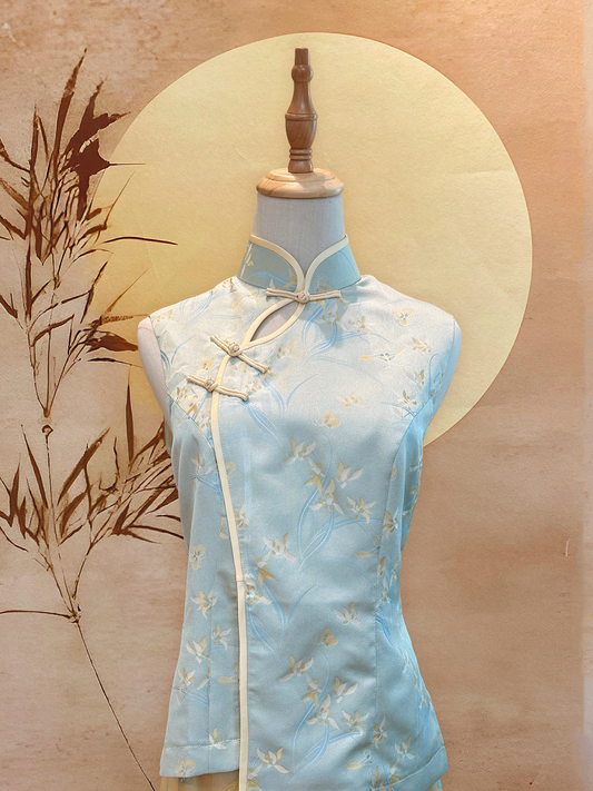 2pc Mint and Yellow Chinese Jacquard with Gold Frog Buttons and Trimming