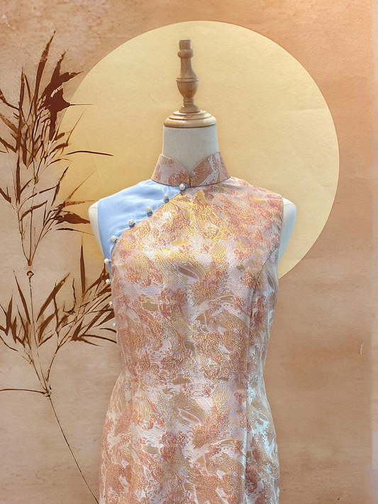 Pink and Gold Jacquard with Blue Satin Cheongsam