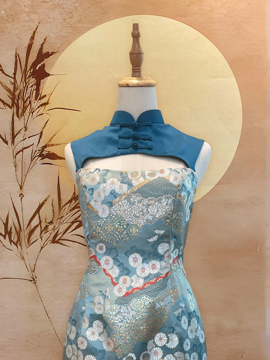 Blue Jacquard Cheongsam with Blue Satin and Chinese Knots