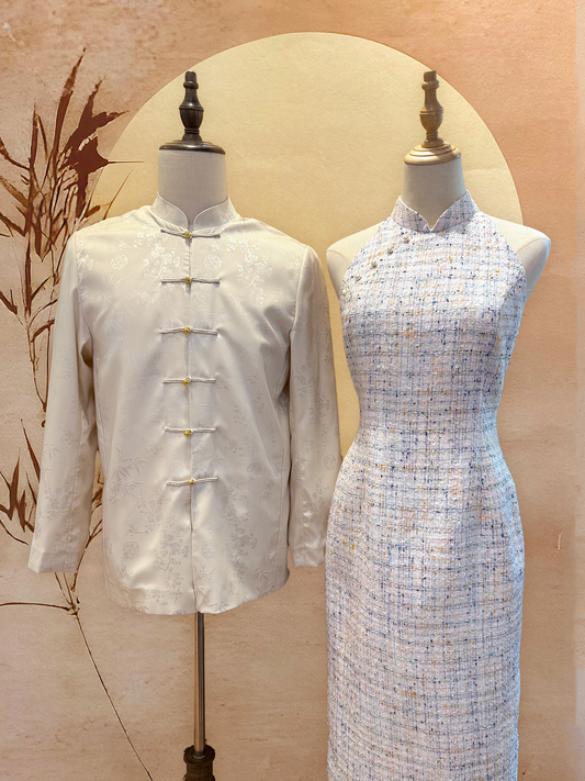 Champagne Chinese Silk Tang Shirt and White Tweed Cheongsam Couple Set