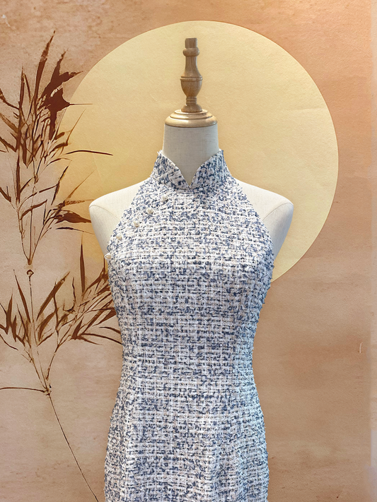 White and Dark Blue Tweed Cheongsam