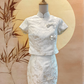 2pc White Floral Jacquard Cheongsam Top and Skirt with White Bows