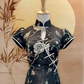 Black and Gold Bird Jacquard Cheongsam with Front Peephole and Full Frog Buttons
