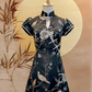Black and Gold Bird Jacquard Cheongsam with Front Peephole and Full Frog Buttons