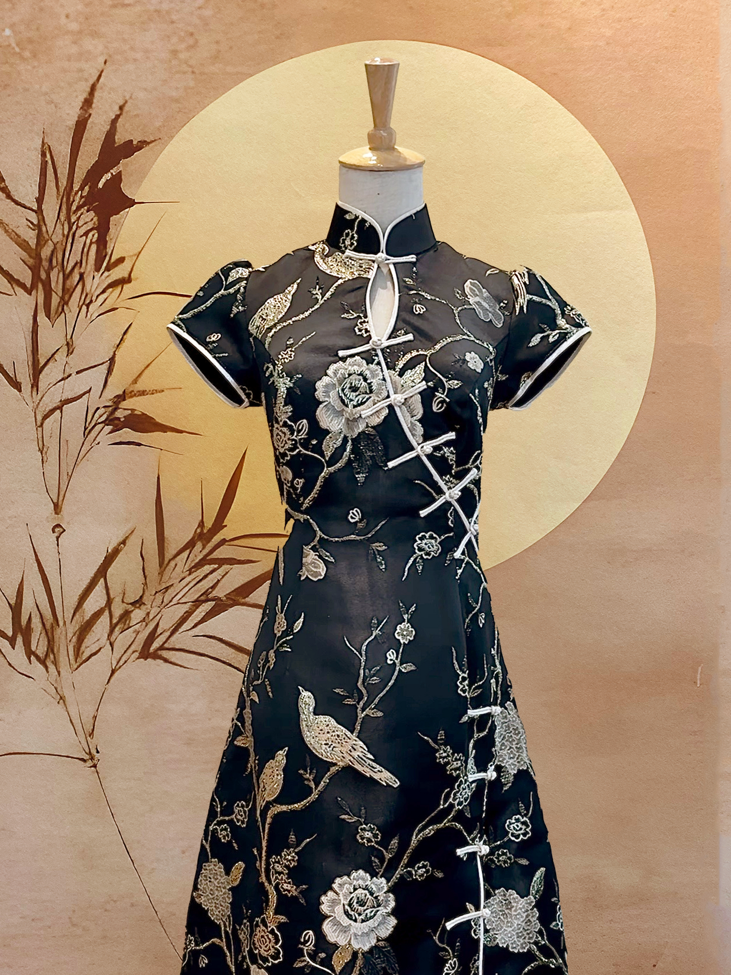 Black and Gold Bird Jacquard Cheongsam with Front Peephole and Full Frog Buttons