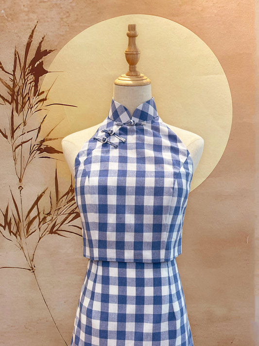 2pc Gingham Cotton Cheongsam Top and Skirt with Frog Buttons