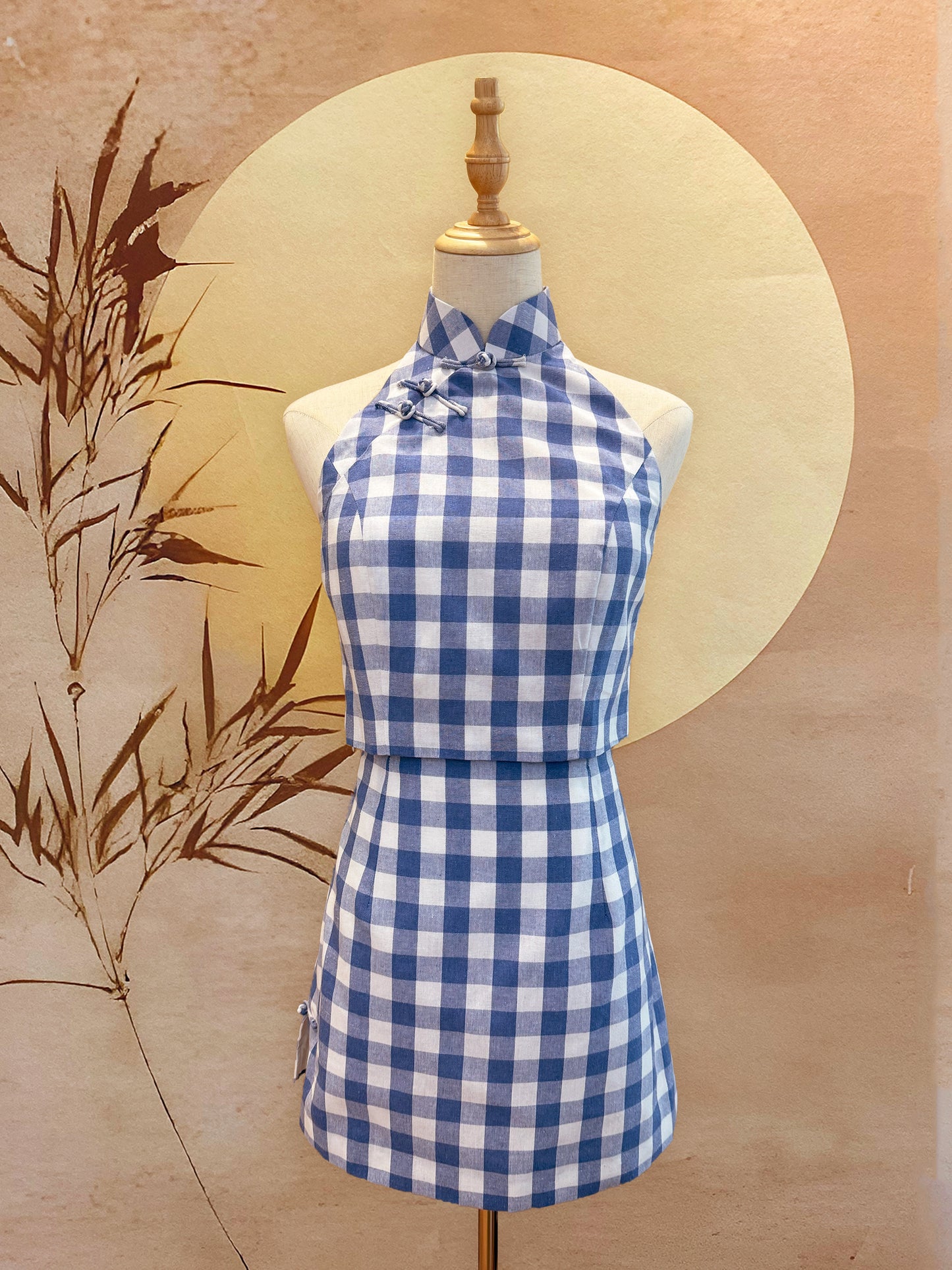 2pc Gingham Cotton Cheongsam Top and Skirt with Frog Buttons