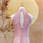 Pink Lace Cheongsam with Baby Pink Lining and Back Peephole