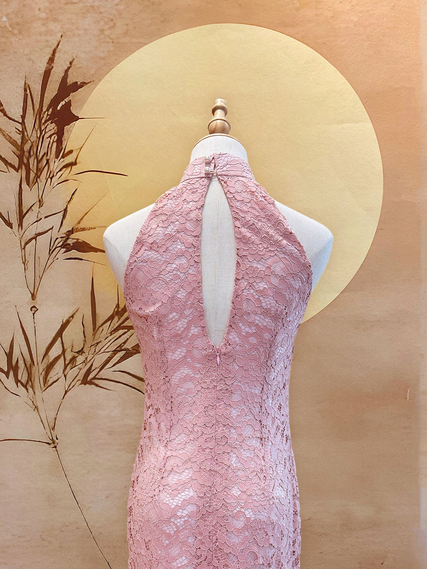 Pink Lace Cheongsam with Baby Pink Lining and Back Peephole