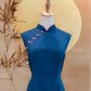 Blue Cotton Cheongsam with Front Slit, Pink Trimming and Beads