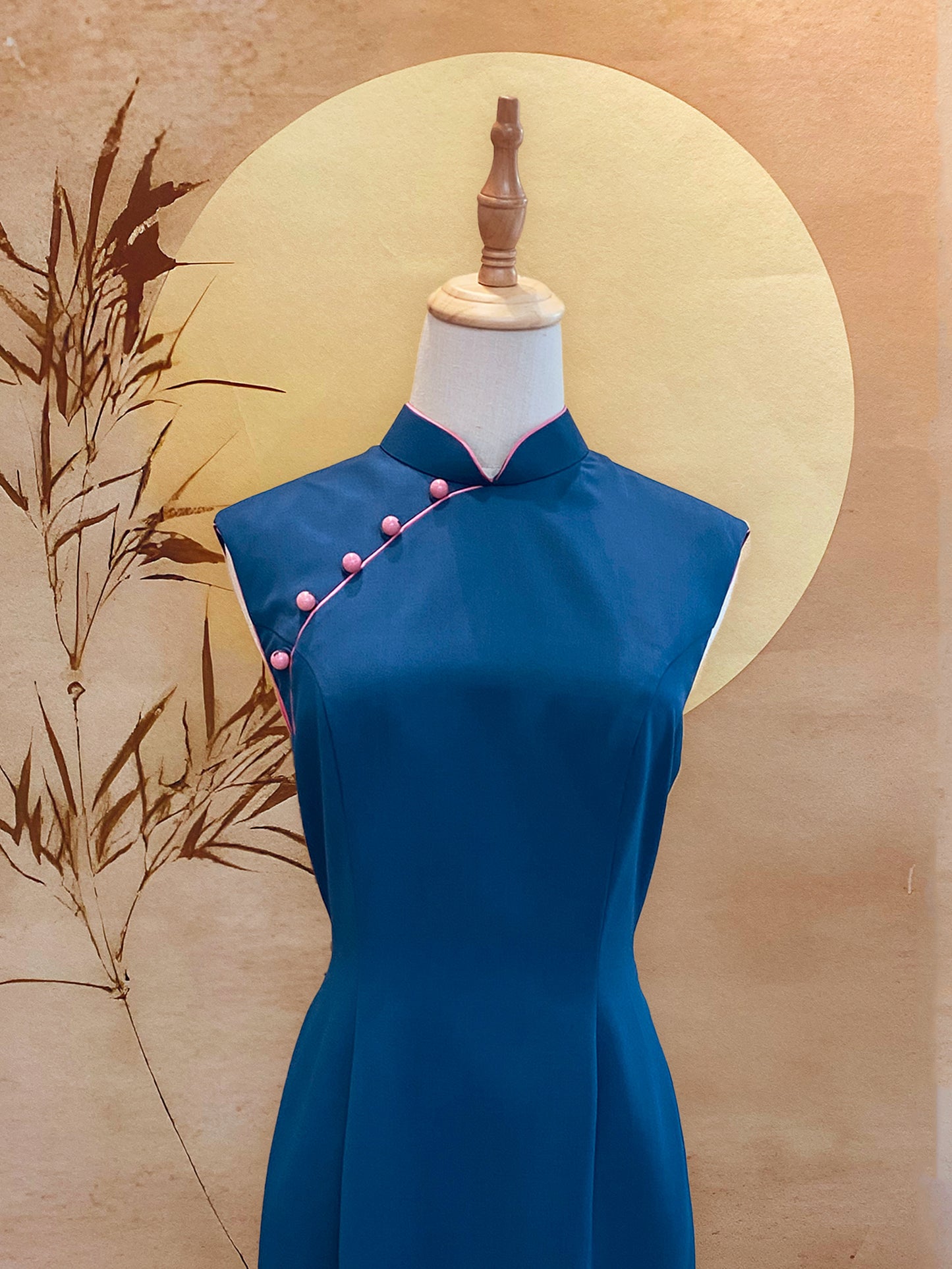 Blue Cotton Cheongsam with Front Slit, Pink Trimming and Beads