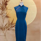 Blue Cotton Cheongsam with Front Slit, Pink Trimming and Beads