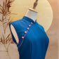 Blue Cotton Cheongsam with Front Slit, Pink Trimming and Beads