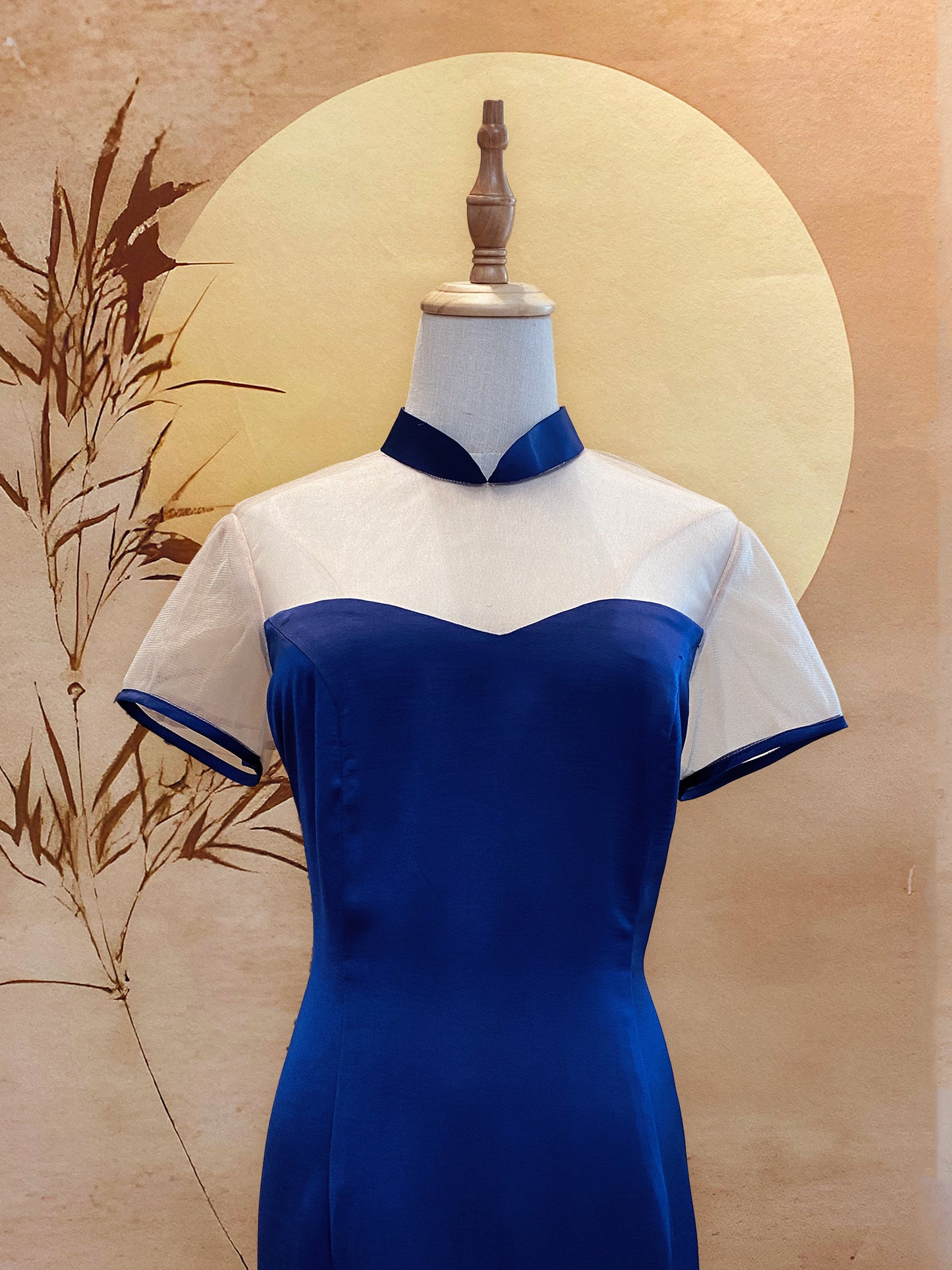 Navy Blue Duchess Satin Dress with Mesh Chest, Sweetheart Neckline and Navy Sleeve Trimming