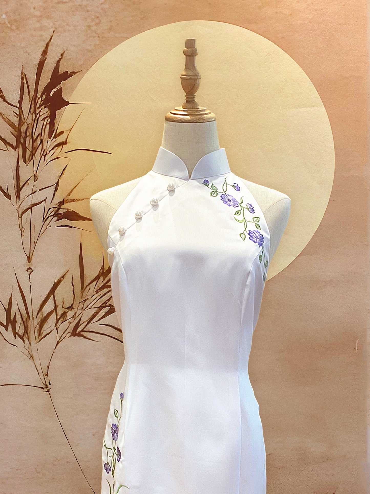 White Duchess Satin Cheongsam with Purple Embroidery Flowers, Diamond-Back Cut-Out and Front Slit