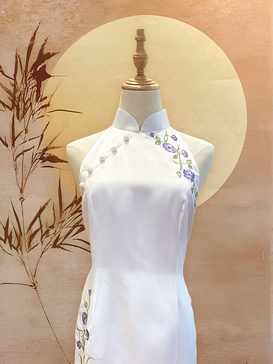 White Duchess Satin Cheongsam with Purple Embroidery Flowers, Diamond-Back Cut-Out and Front Slit