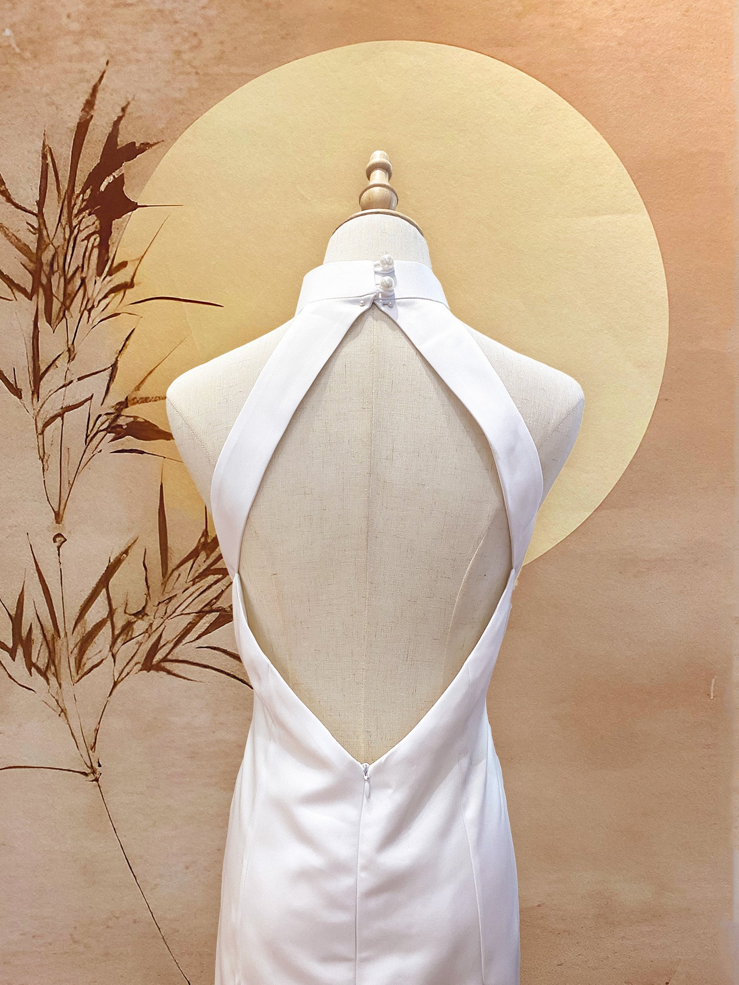 White Duchess Satin Cheongsam with Purple Embroidery Flowers, Diamond-Back Cut-Out and Front Slit