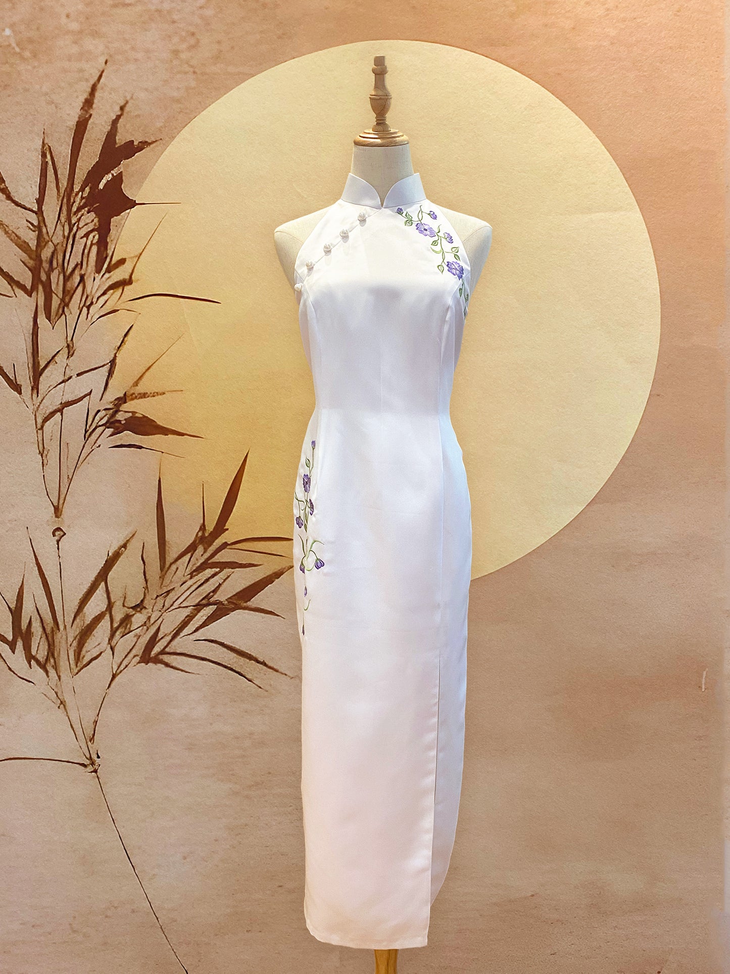 White Duchess Satin Cheongsam with Purple Embroidery Flowers, Diamond-Back Cut-Out and Front Slit