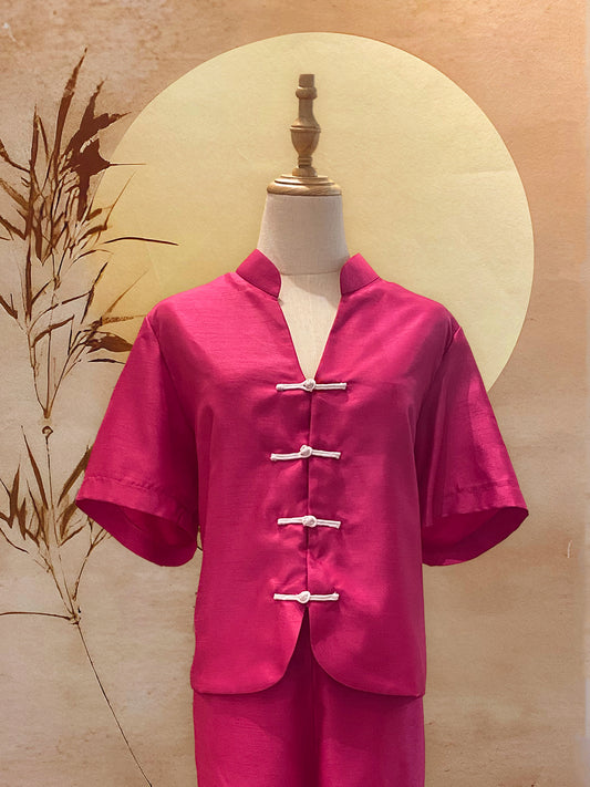 2pc Fuchsia Pink Traditional Top with Frog Buttons and Pants
