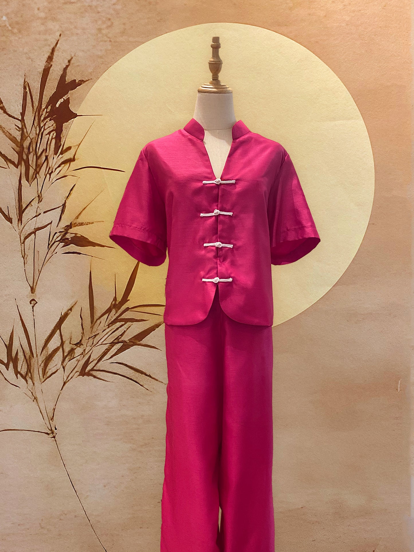 2pc Fuchsia Pink Traditional Top with Frog Buttons and Pants