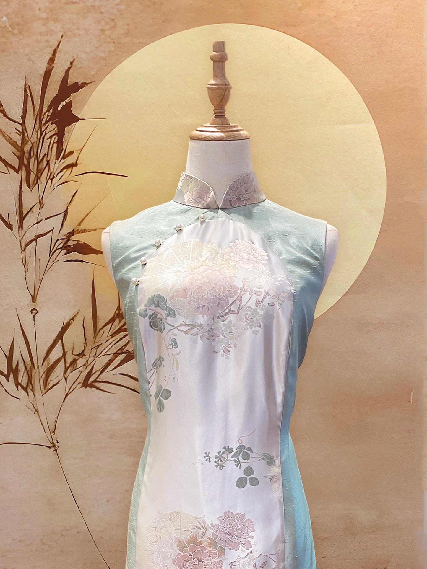 Sage Thai Silk and Silver Jacquard Colour Block Cheongsam