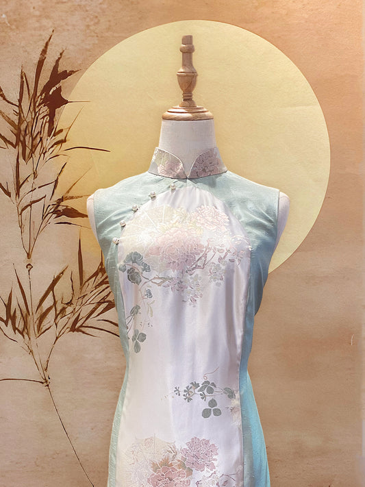 Sage Thai Silk and Silver Jacquard Colour Block Cheongsam