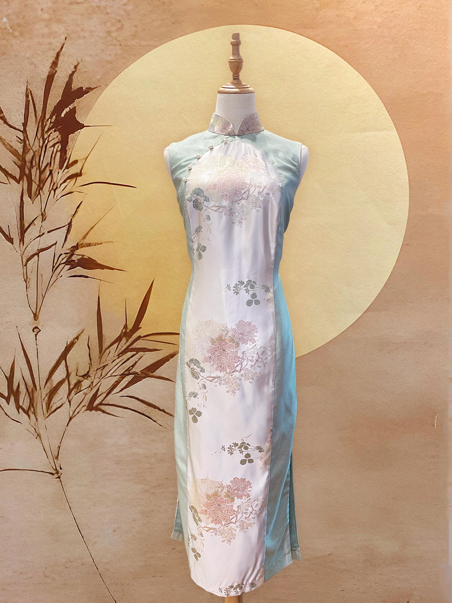 Sage Thai Silk and Silver Jacquard Colour Block Cheongsam