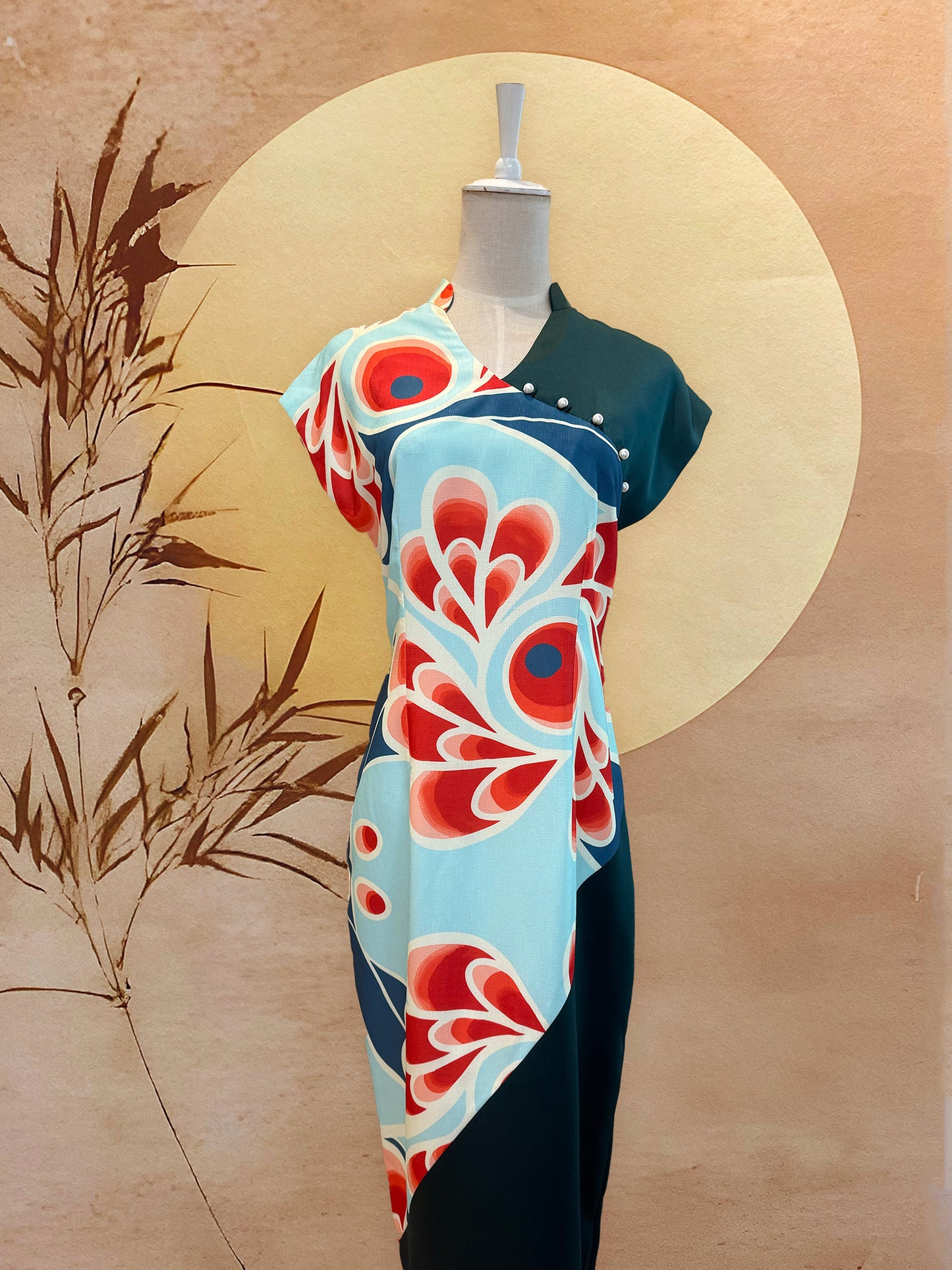 Teal Printed Chiffon Cheongsam