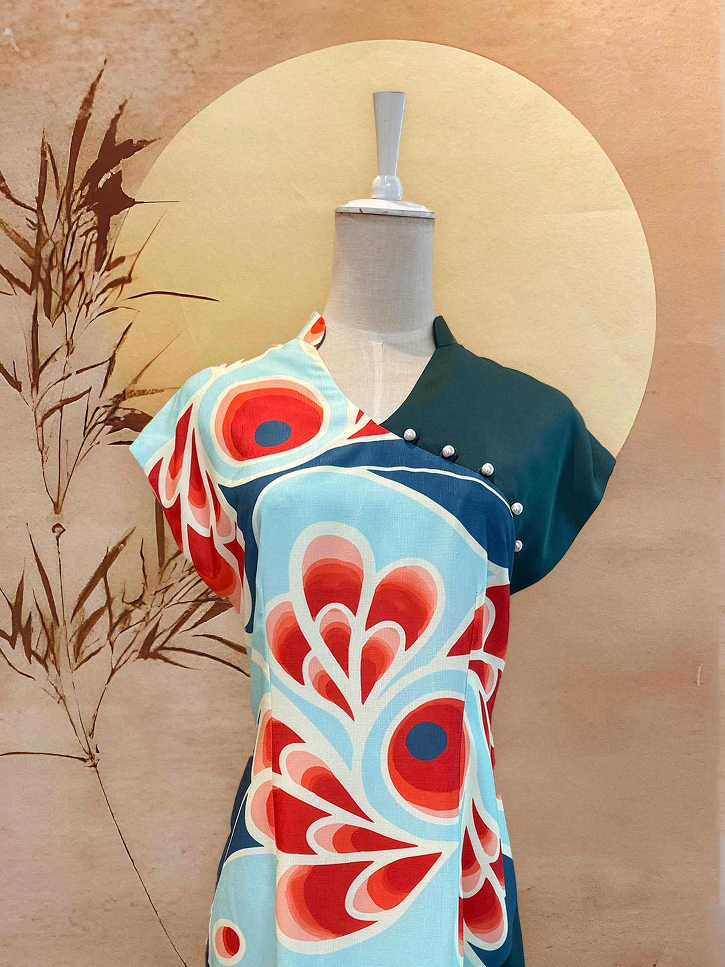 Teal Printed Chiffon Cheongsam