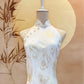 White and Gold Soft Jacquard Backless Cheongsam