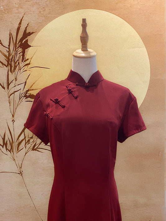 Dark Red Cotton Cheongsam with Chinese Knots