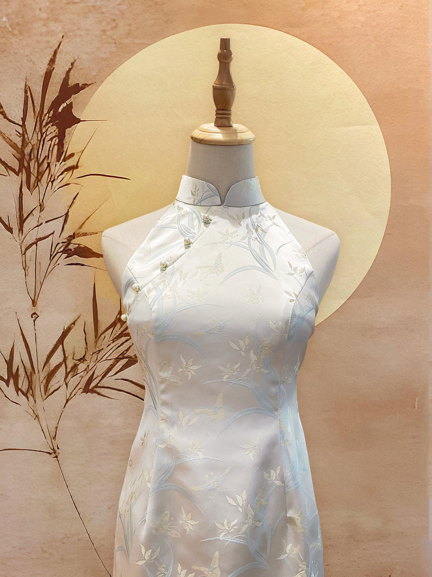Silver Mint Chinese Jacquard Cheongsam