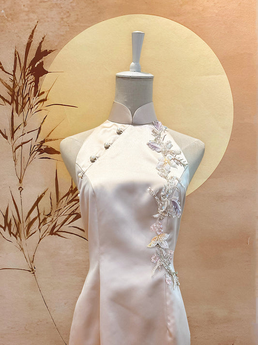 Champagne Gold Duchess Satin Cheongsam with Beaded Appliqué