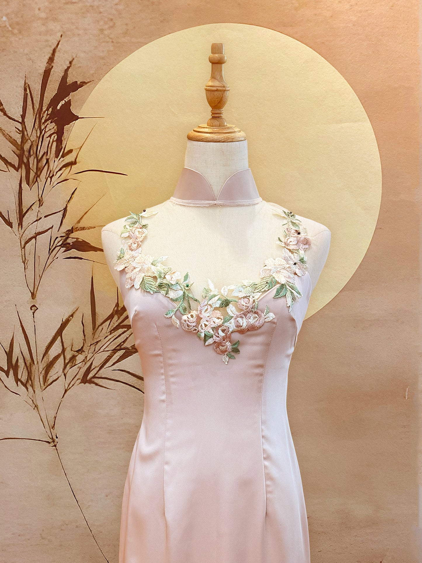 Champagne Pink Duchess Satin Cheongsam with Chest Mesh and Floral Applique