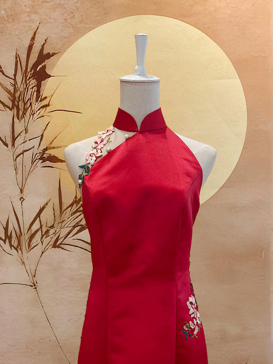 Red Duchess Satin with Shoulder Mesh and Floral Appliqué