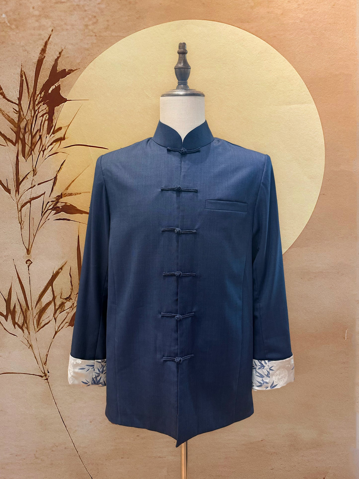Midnight Blue Wool Suit Jacket with Frog Knots and Jacquard Cuff