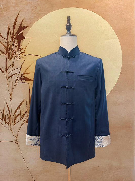 Midnight Blue Wool Suit Jacket with Frog Knots and Jacquard Cuff