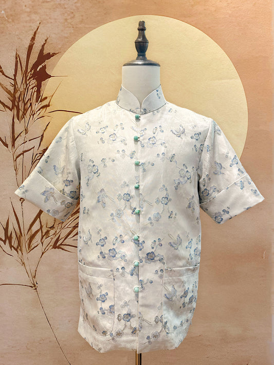 Short Sleeved Silver and Blue Cherry Blossoms Jacquard Tang Shirt