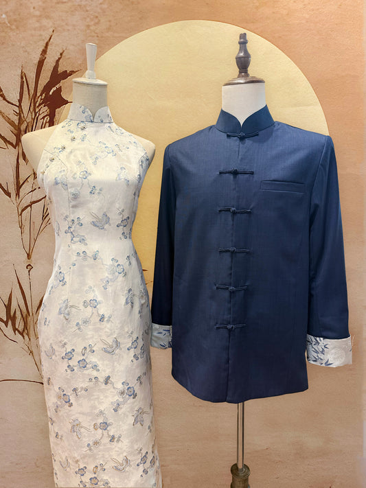 Couple Set Silver and Blue Cherry Blossoms Jacquard Cheongsam and Midnight Blue Wool Suit Jacket with Frog Knots and Jacquard Cuff