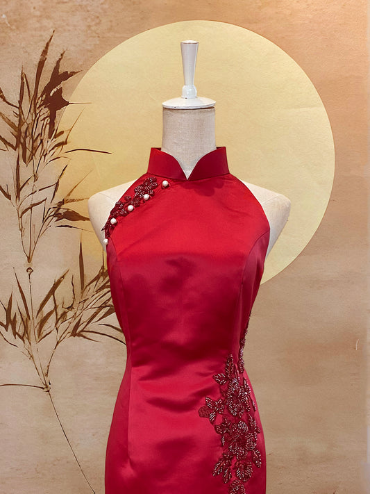 Red Duchess Satin with Red Beaded Appliqué