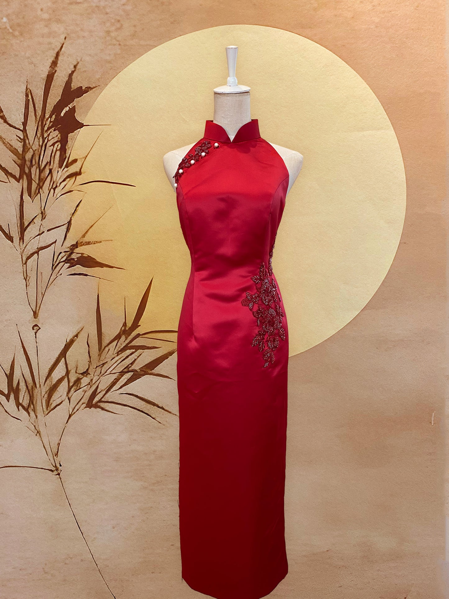 Red Duchess Satin with Red Beaded Appliqué