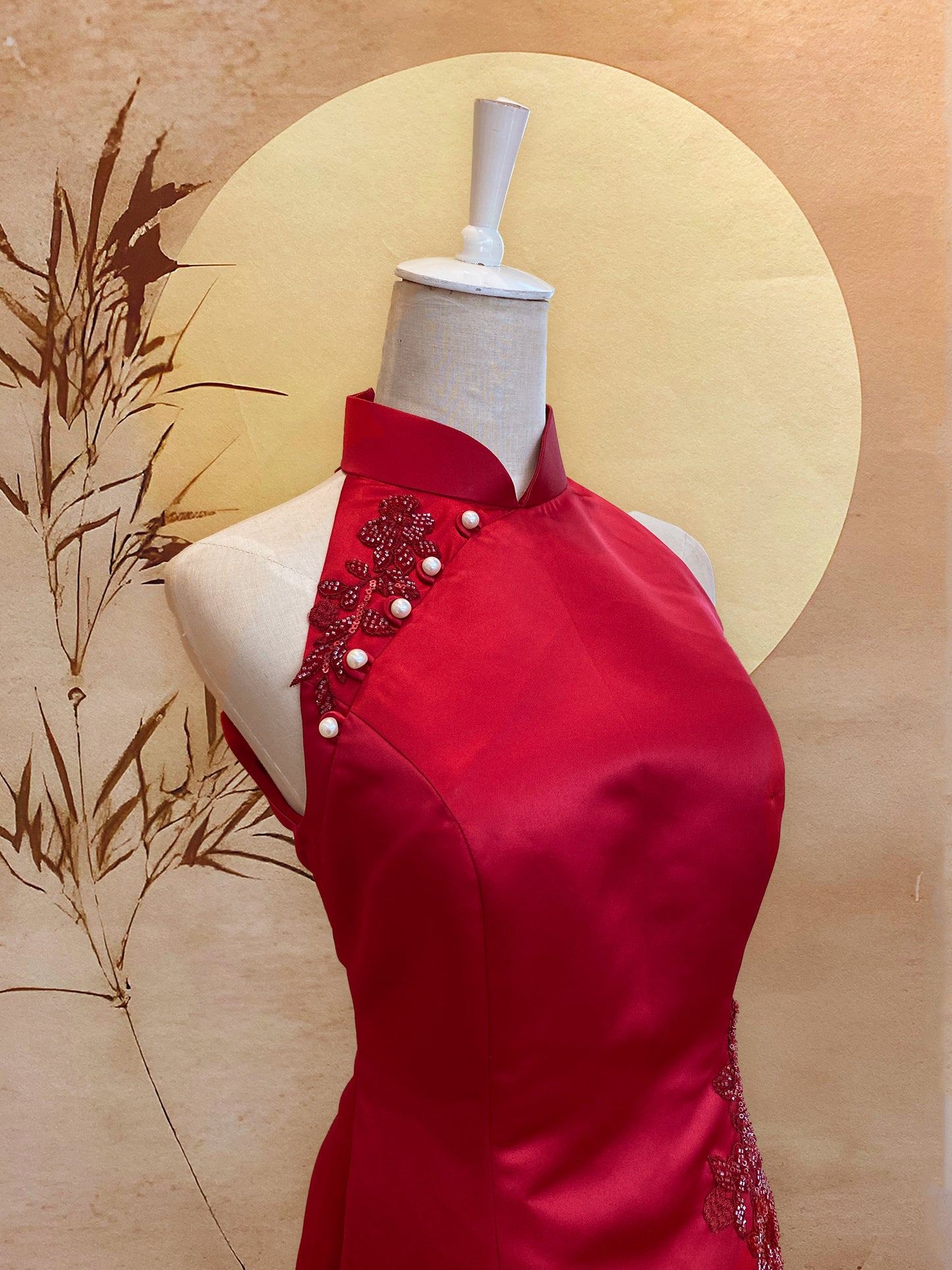 Red Duchess Satin with Red Beaded Appliqué