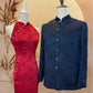 Couple Set Red Chinese Silk Cheongsam and Navy Blue Chinese Silk Tang Shirt with Jade Beads
