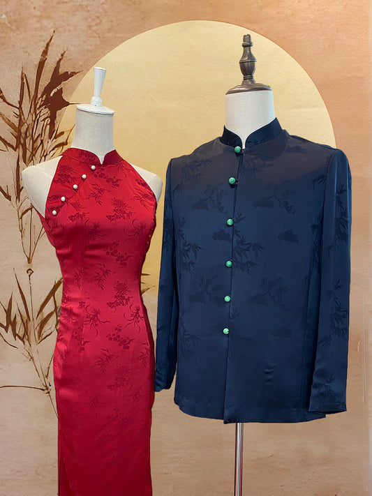 Couple Set Red Chinese Silk Cheongsam and Navy Blue Chinese Silk Tang Shirt with Jade Beads