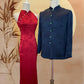 Couple Set Red Chinese Silk Cheongsam and Navy Blue Chinese Silk Tang Shirt with Jade Beads