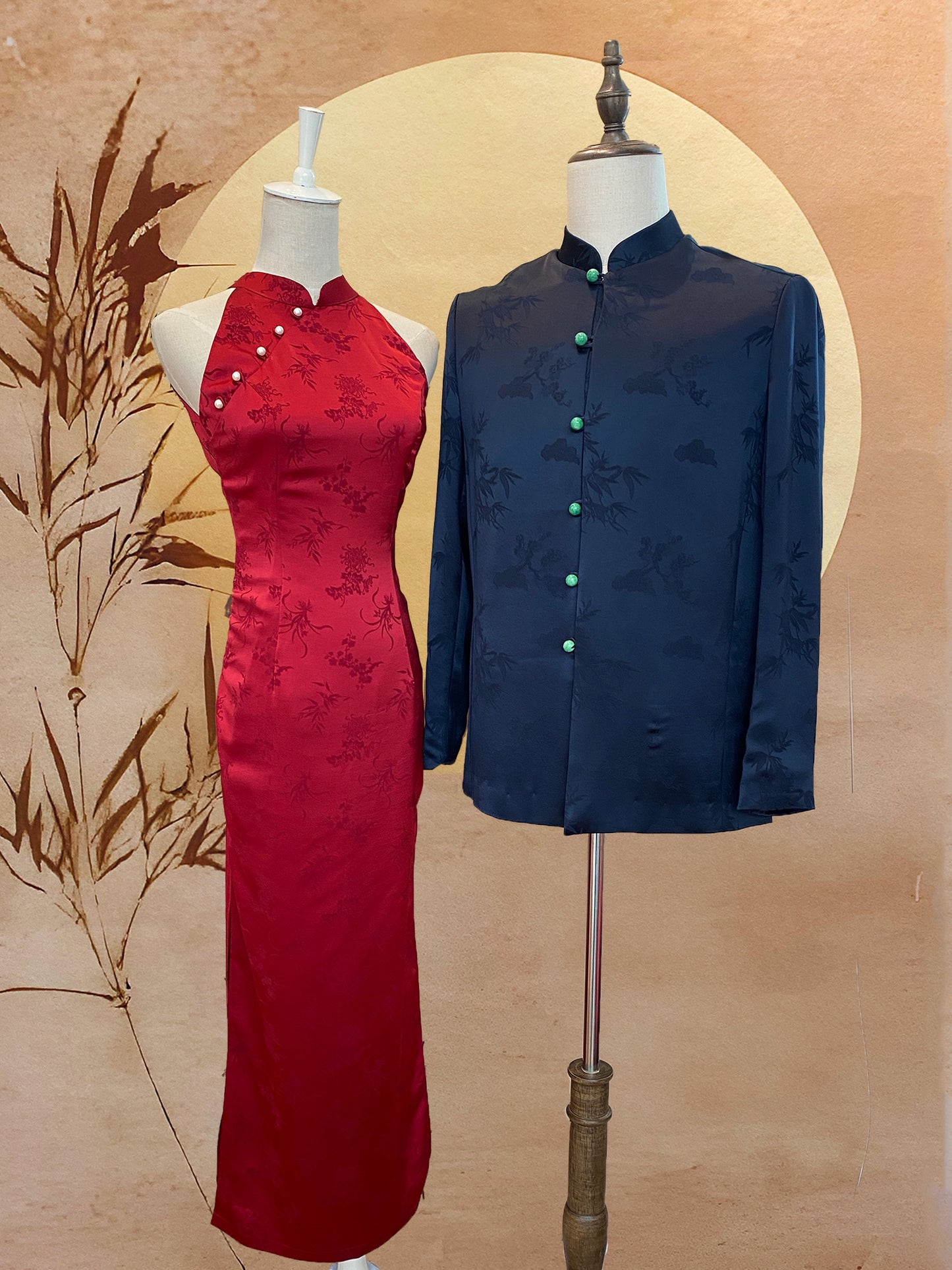 Couple Set Red Chinese Silk Cheongsam and Navy Blue Chinese Silk Tang Shirt with Jade Beads